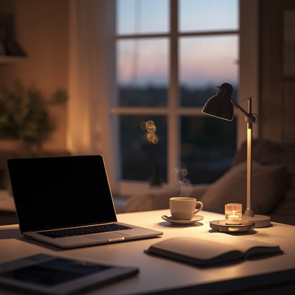 Soft evening atmosphere with calm workspace representing wind-down routine